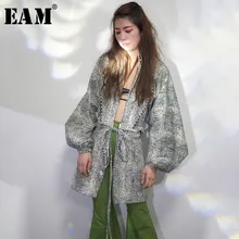 [EAM] новая весенне-зимняя Свободная куртка с отворотом и длинным рукавом-фонариком, женская модная куртка JO175