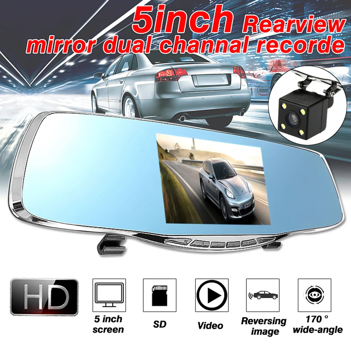 melhor 1080 p HD 5 polegada Espelho Retrovisor Do Carro Dvr Night Vision 170 Graus de Largura Lente Cam Traço Camera Recorder g sensor