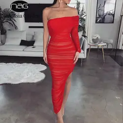 В NewAsia Ruched летнее платье Для женщин 2019 новый сексуальный одно плечо с длинным рукавом клуб вечерние платье Красный сетчатых боковых