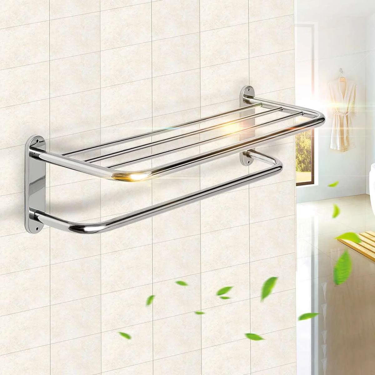 

Xueqin Chrome Polished Double Towel Rails Bar Bathroom Wall Mounted Stainless Steel Towel Rail Holder Shelf Storage Rack