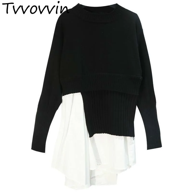 Women Sweater Irregular Black White Color Matching Women Sweaters Pullovers Asymmetry Casual Fake Two Sweater 2019 New R240