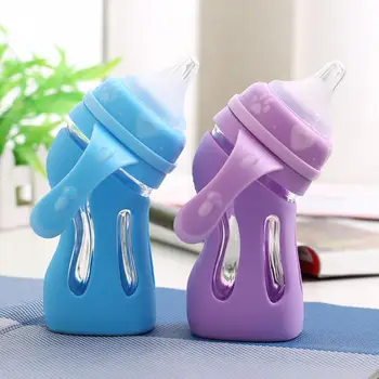 

180mL 240ml Baby Glass Feeding Bottle Temperature Sensing Anti-drop Silicone Newborn Infant Glass Milk Control Bottle