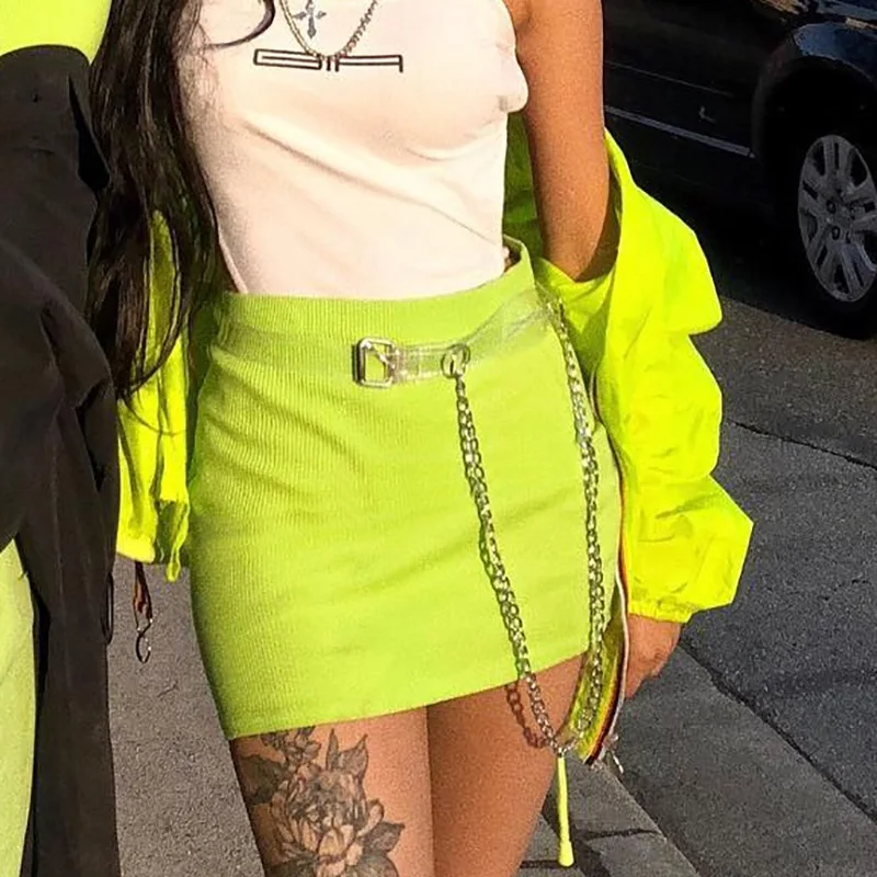 

Fashion Women's Neon Mini Skirt Fluorescent Green/Yellow Bodycon Skirts High Waist Sexy Club Streetwear Miniskirt with Chain