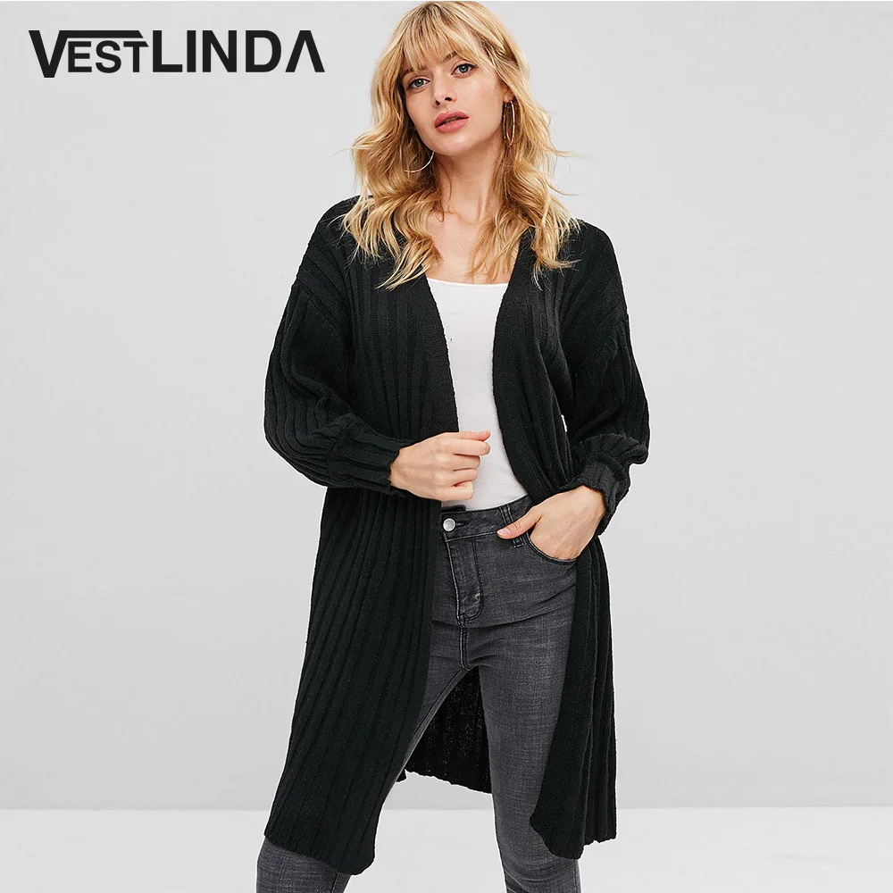 VESTLINDA Drop Shoulder Cardigan Solid Long Sleeve Ribbed Longline Womens Clothing Winter Knitted Sweater Cardigans |