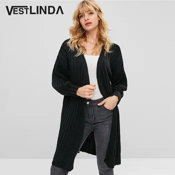 

VESTLINDA Drop Shoulder Cardigan Solid Long Sleeve Ribbed Longline Cardigan Womens Clothing Winter Knitted Sweater Cardigans