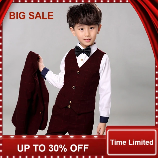 

4pcs Boys Suits for Weddings Cotton Plaid Blazer+Vest+Pants+Shirt Kids Clothing Sets Children Formal Suit