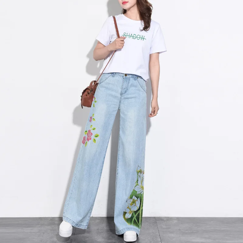 Женские широкие джинсы размера плюс с цветочным принтом, Джинсы бойфренда с высокой талией, свободные джинсы большого размера, женские мешковатые джинсы