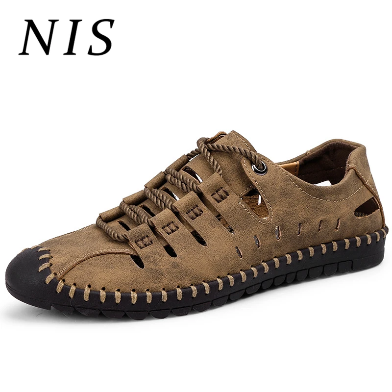 

NIS Hollow Out Summer Men Flat Shoes Microfiber Leather Casual Shoes Men Breathable Lace-up Outdoor Beach Flats Big Size 39-46