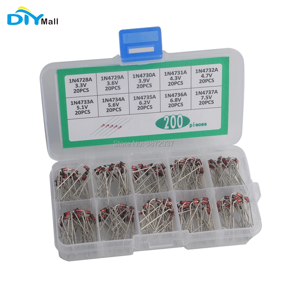 

200PCS DIYamll Zener Diode Kit 10 Values 20pcs each value 1N4728A~1N4737A 1W