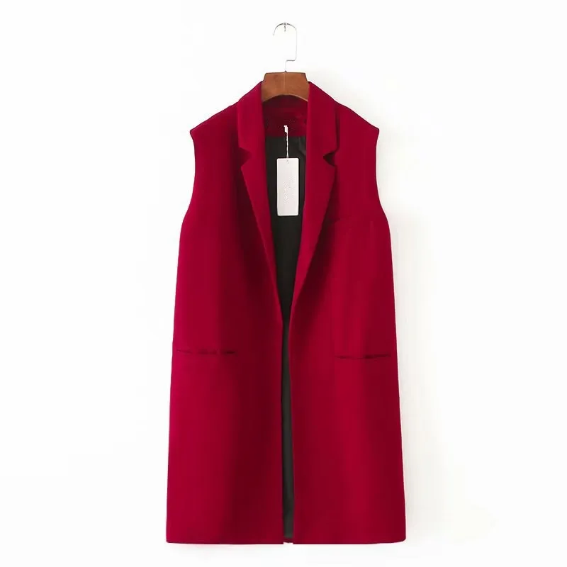 Korean Fashion Pocket Female Vest Turn Down Collar Long Slim Office