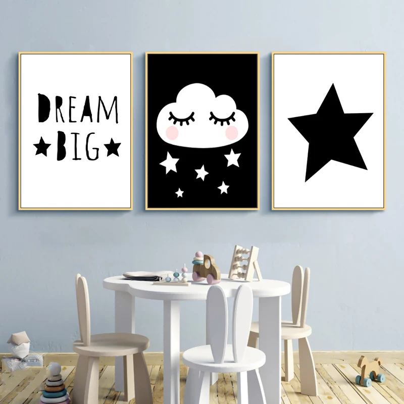 

Dream Big Good Night Cloud Star Canvas Art Poster Black and White Nursery Print Painting Picture Nordic Kids Bedroom Decor