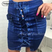 Pickyourlook, женская джинсовая юбка, сексуальная, однотонная, прямая, на шнуровке, высокая талия, мини-юбка, винтажная, уличная, праздничная, летняя, модная, Falda
