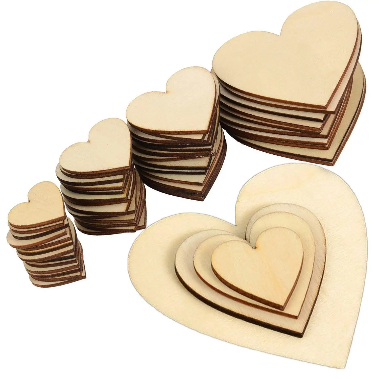 

160 Piece Wooden Heart Blank Wooden Heart Embellishment 30/40/50/80 Mm Wood Heart Slices For Wedding, DIY, Art, Craft, Card Ma