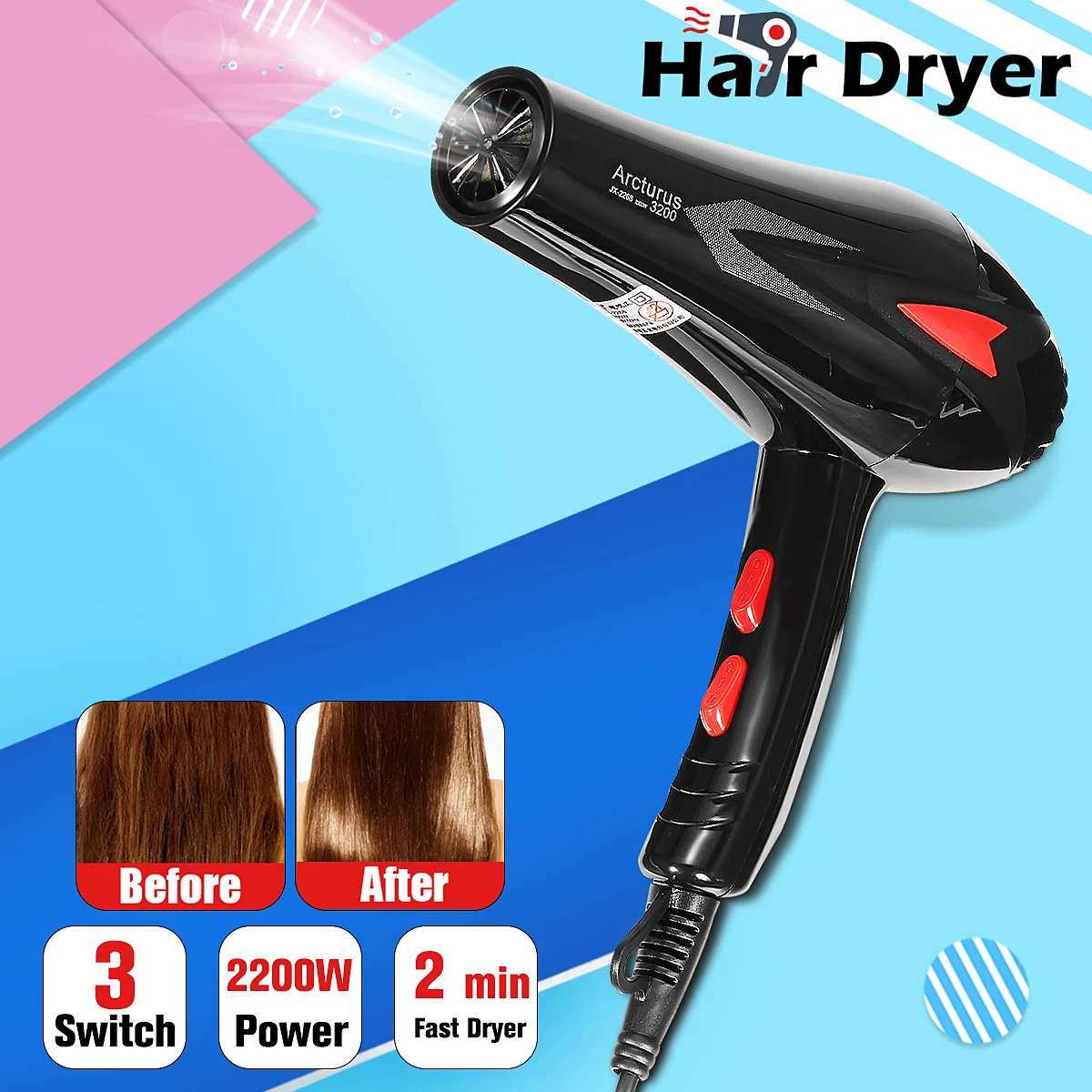 

AU Plug Professional Style Hair Dryer 2200W 3 Heat 2 Speed Settings Concentrator Nozzle Constant Temperature Quick Accessories