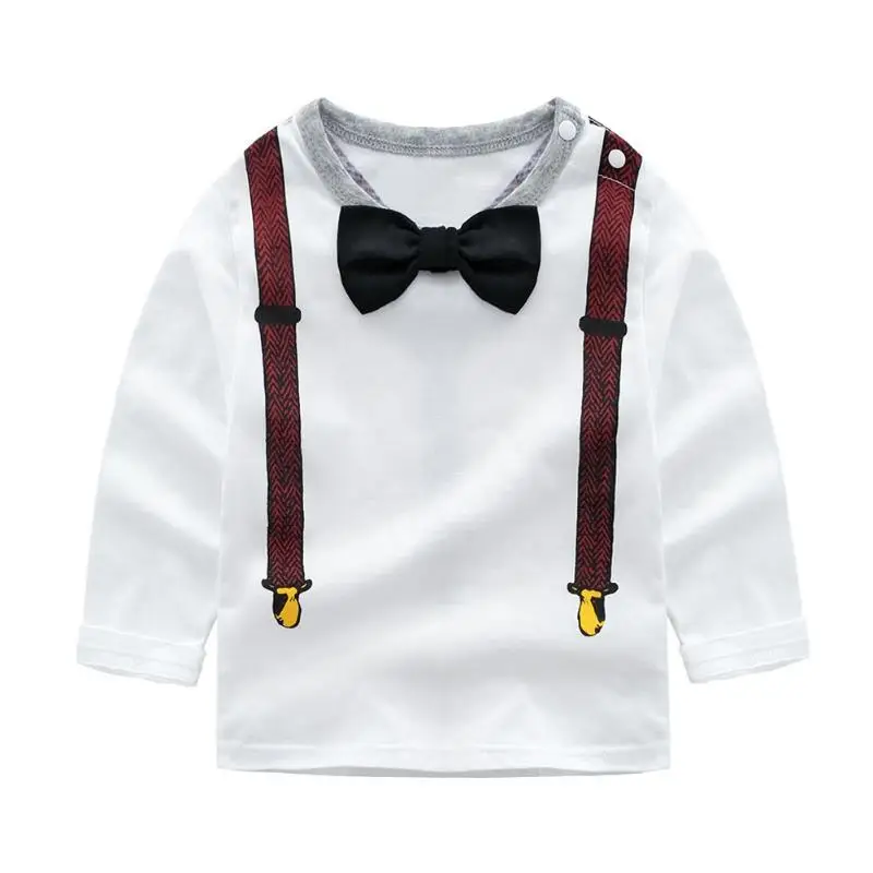

Newborn Baby White T-shirt Children Cartoon Print Gentleman Clothes Baby Cute Bow Tie T-shirt Long Sleeve Tops