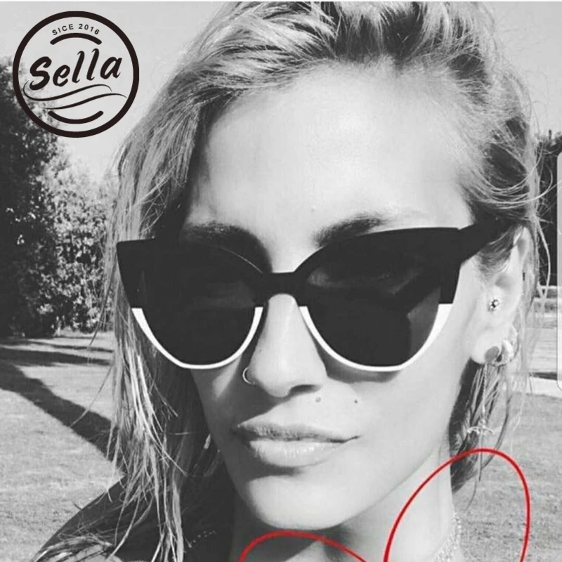 

Sella Trending Fashion Hit Color Oversized Cateye Sunglasse Fashion Women Brand Designer Black White Alloy Frame Sun Glasses