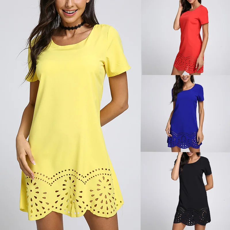 

Women Sexy Mini Dress 2019 Summer Short Sleeve Hollow Out Casual Slim Shirt Vestidos Candy Color Sundress Plus Size Tops