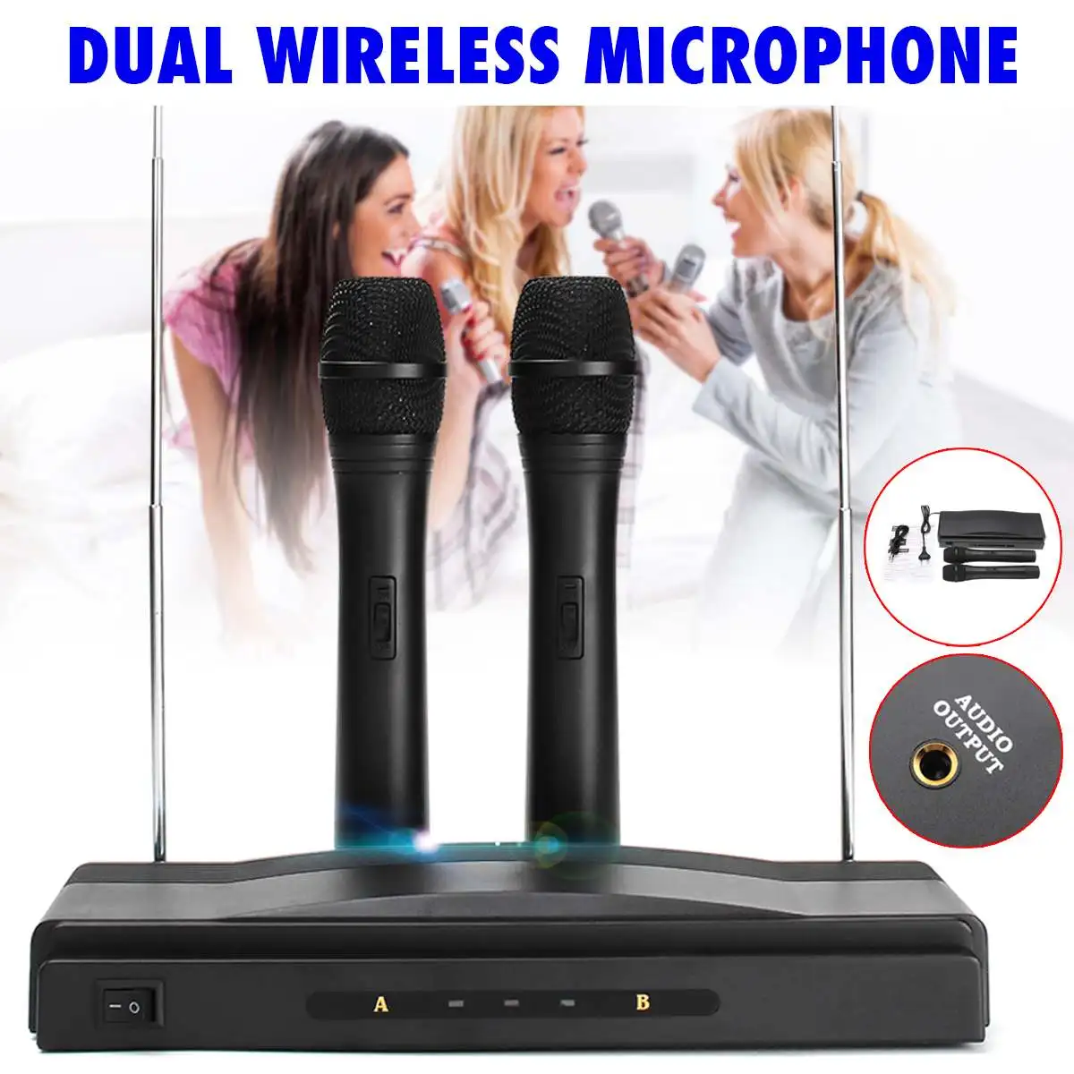 ترقية VHF الميكروفونات المزدوج يده ميكروفون لاسلكي لاسلكية + استقبال نظام DJ كاريوكي اجتماع خطاب المنزل مشغل الصوت