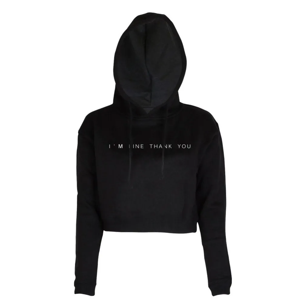 

2019 new spring fashion Crop Top Hoodie Sweatshirt Hoody I'M FINE THANK YOU Long Sleeve Girls Pullover Hooded Femme hoodies