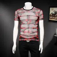 Casual Striped Printing Tee Shirt Fashion Streetwear T Shirt Men Translucent Mesh T-shirt Male Short Sleeve Camisetas Hombre