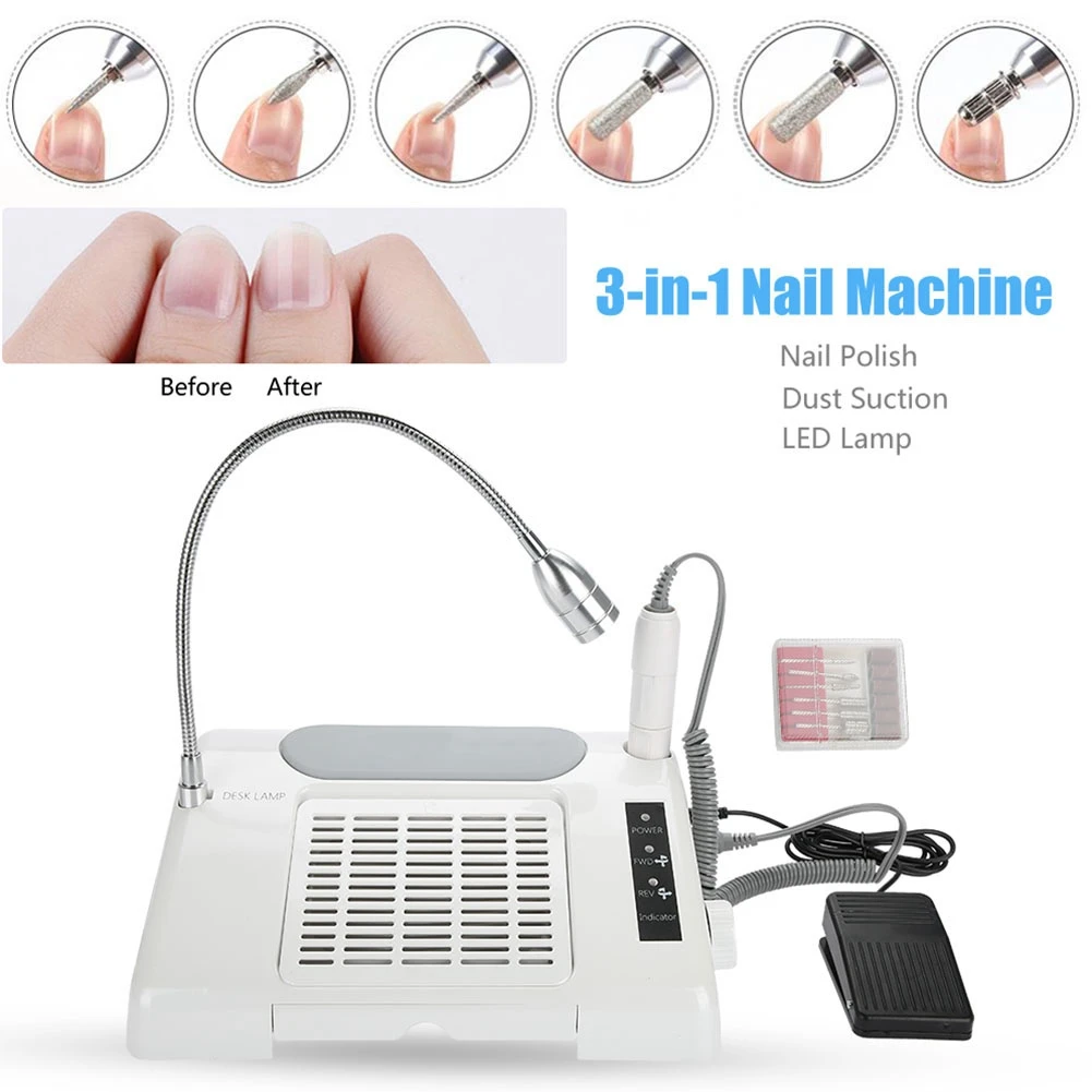 

3 In 1 Nail Grind Polishing Drill Dust Collector Vacuum Cleaner Manicure Machine with LED Desk Pedicure Nail Art Equipment