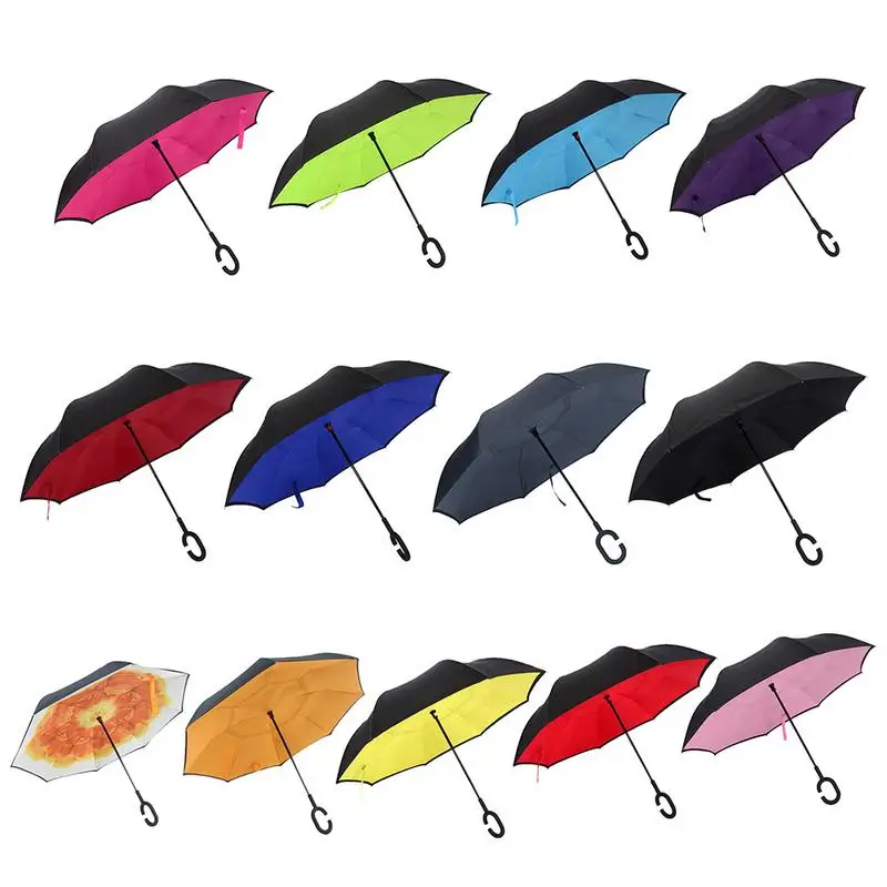 

Double-Layer Reverse Umbrella Lazy Umbrella Anti-Splashing Double-Layer C Handle Free Car Reverse Umbrella Waterproof Straight U