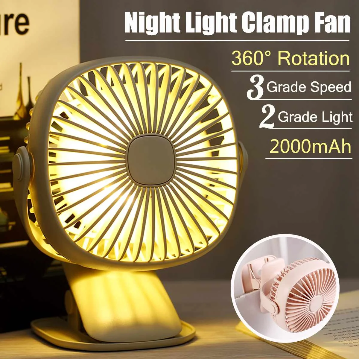 

Mini Electronic Fan Desktop Clamp Design LED Night Light USB Rechargeable Portable Quiet Cooler For Home Office Green White Pink