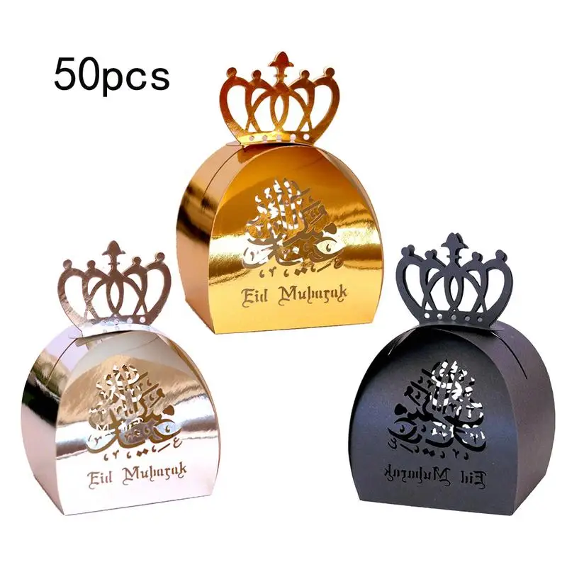 

50PCS Eid Mubarak Golden Candy Chocolate Box Ramadan Kareem Sugar Hollow Storage Case Party Supplies Ramadan Decoration