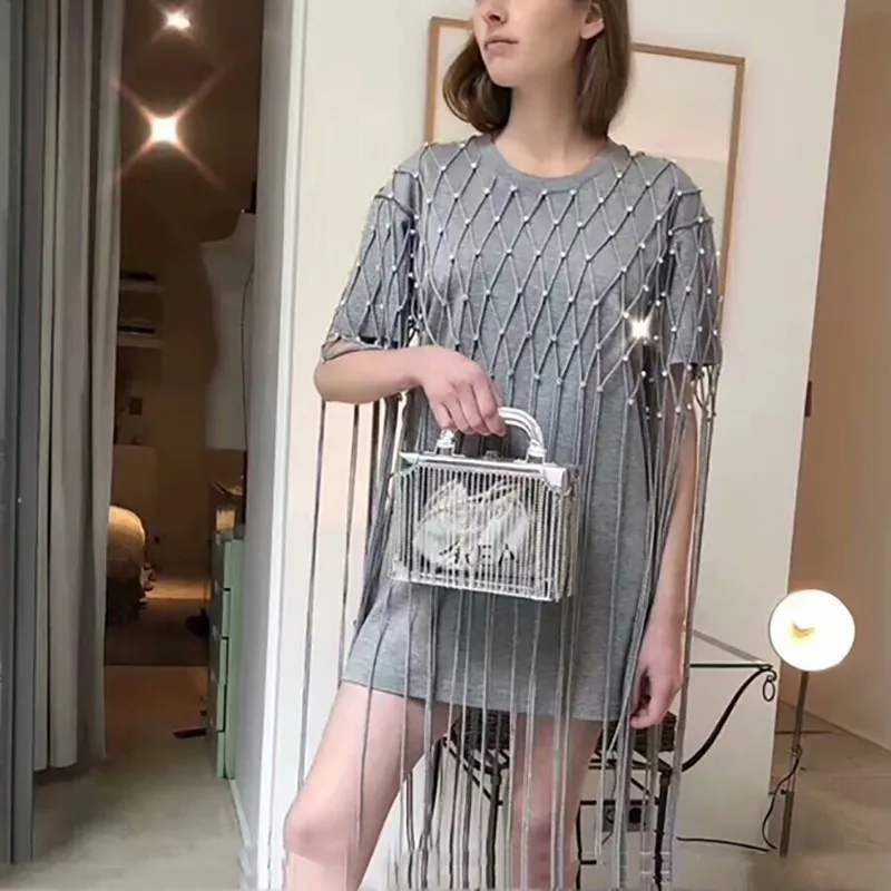 TWOTWINSTYLE женская футболка в стиле пэчворк с бриллиантами и кисточками коротким