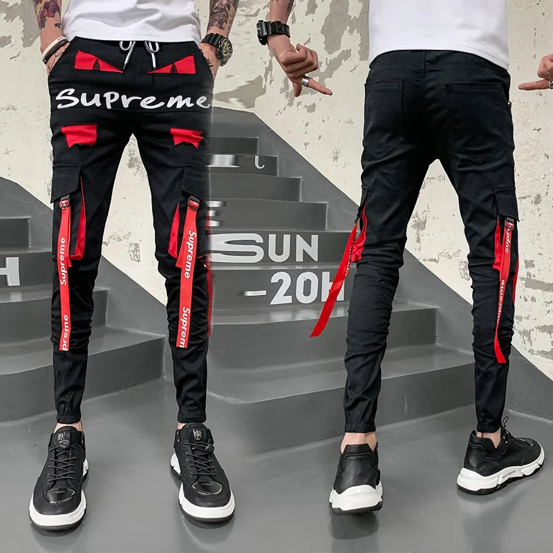 

2019 Casual Slim Jogger Pants Streetwear Black Harem Pants Men Elastic Waist Punk Pants With Red Ribbons Men Hip Hop Trousers