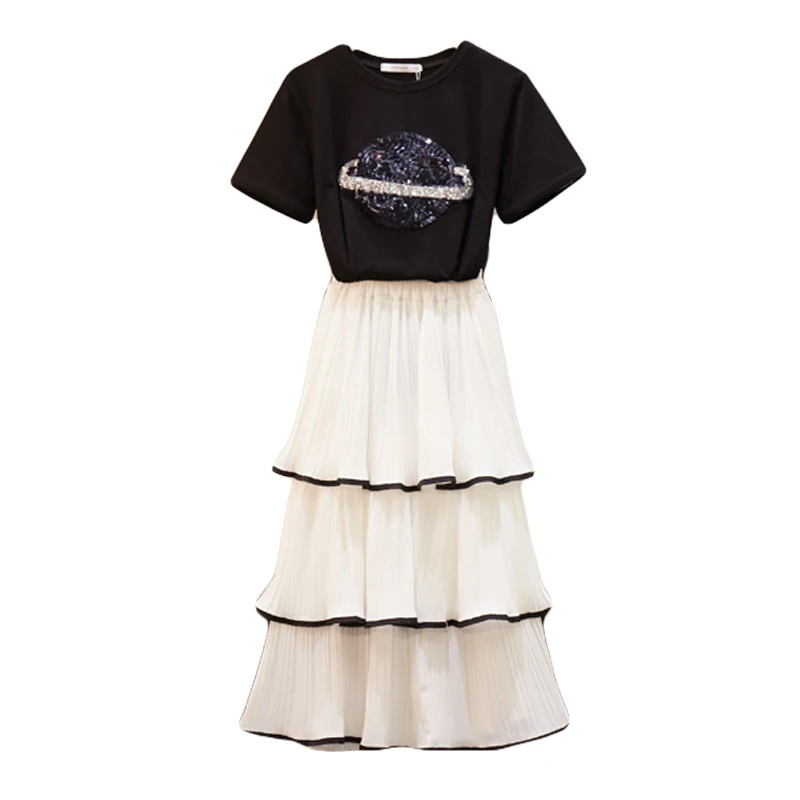 L-4XL Summer Sequined Mesh Skirt 2 Piece set Women Planet Sequins Embroider Short Sleeve Cotton Tshirt + Cake Skirt Set L-4XL Summer Sequined Mesh Skirt 2 Piece set Women Planet Sequins Embroider Short Sleeve Cotton Tshirt + Cake Skirt Set