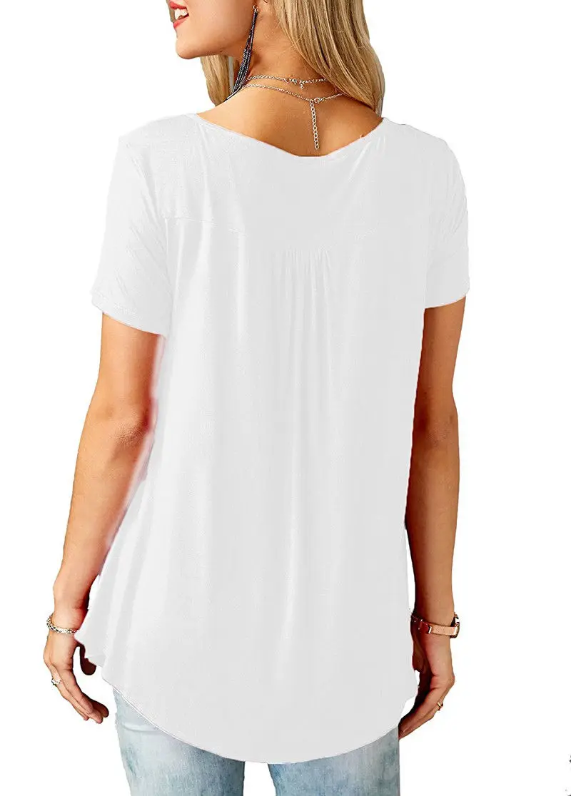 Camisetas holgadas informales de manga corta para mujer, túnica plisada con botones de Color sólido, Tops con cuello en v, jersey femenino, ropa de verano