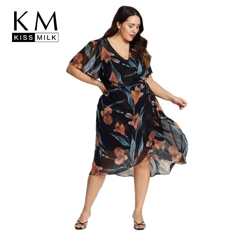 

Kissmilk Plus Size Women Dress Simple V-neck Sexy Asymmetric Hem Oblique Door Crepe Lace Print Dress