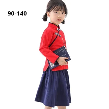 

Girl Embroidery Flowers Top Clothing + Skirt Vintage Handmade Button Cotton Linen Cheongsam Cute Long Sleeve Shirt Clothes Sets