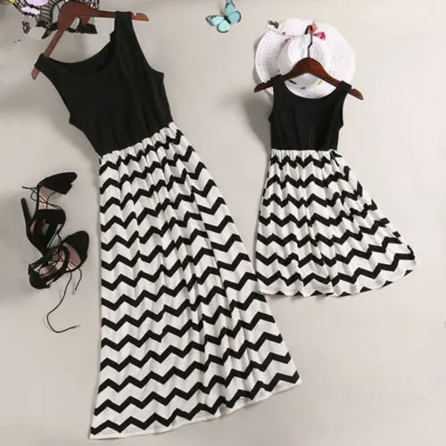 

Sleeveless Black and White Striped Matching Maxi Dress For Mother And Daughter