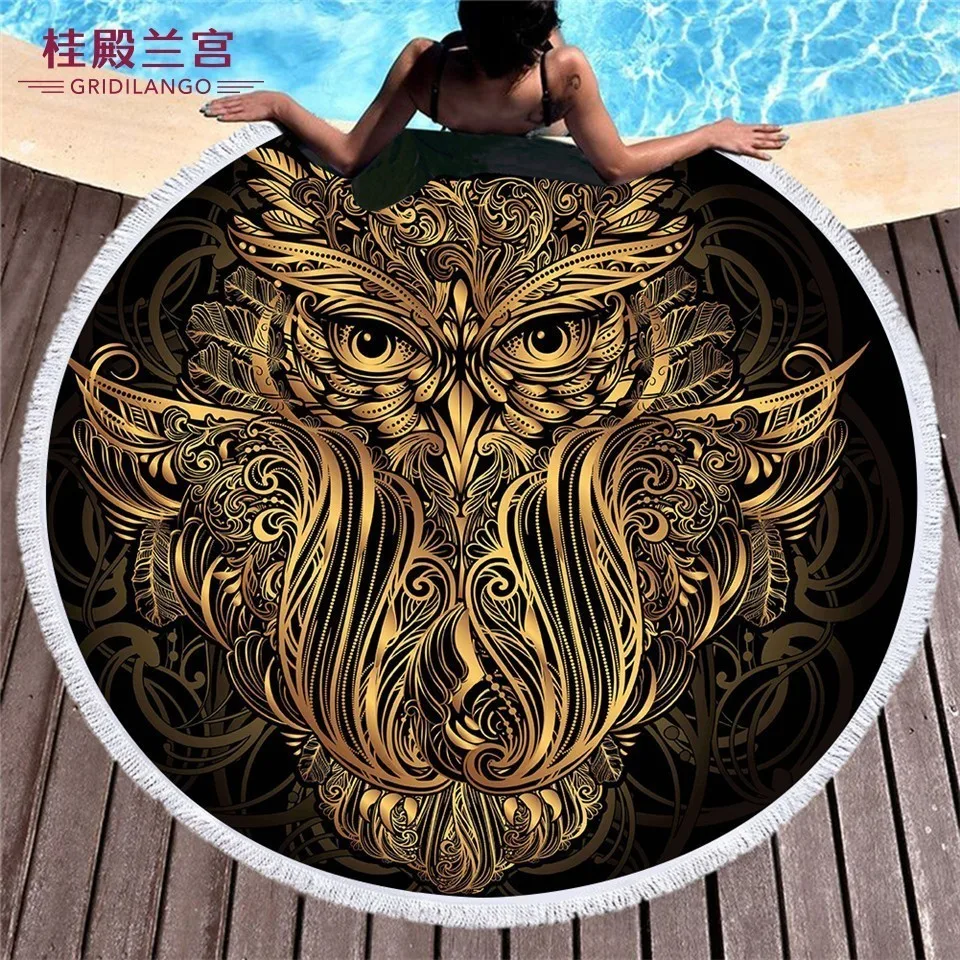 

GRIDILANGO Owl Pattern Round Beach Towel For Adult Quickly Absorbtable Swimming Travel Outdoor Home Blanket Yoga Mat Bath Towel