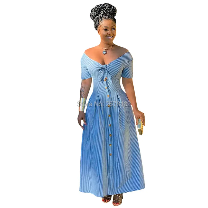 

Single Breasted Sexy V Neck Maxi Dress Summer Could Shoulder Short Sleeve Empire Dress 2019 Blue Striped A-Line Party Robe S3538