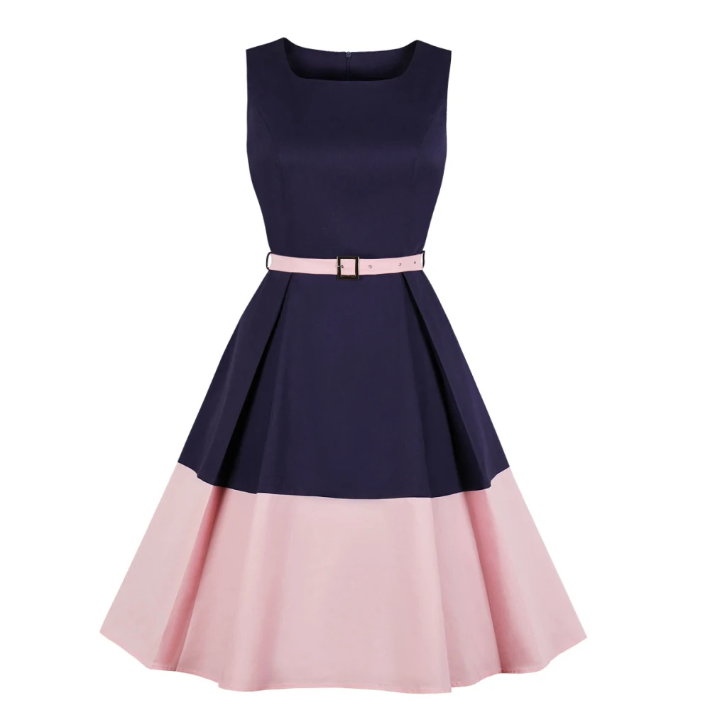 

Joineles Fashion Color Block Women Retro Dress Round Neck Sleeveless High Waist Belts Women Vintage Dress Party Vestidos Tunics