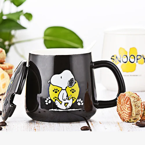 

SNOOPY 350ml Creative Cartoon Household Ceramic Mug Cute Water Milk Coffee Tea Mug Drinkware with lid and Spoon Travel home #3