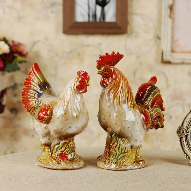 Vintage Colorful 2pcs Ceramic Chicken Rooster Figurines Collectible