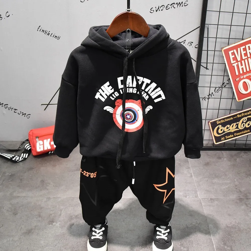 

Sports Suits For Boy Plus Velvet Warm Hoodies Fashion Printing Thick Boys Clothing Sweatshirt Casual Pants 2pcs Toddler Baby Set