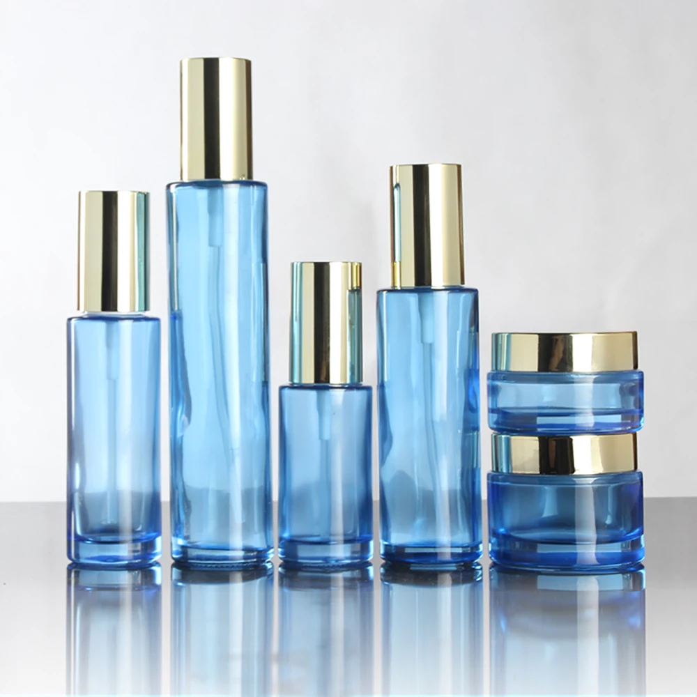 

100pcs Glass 80ml Lotion Bottle Blue Emulsion Women Makeup Packaging 80cc Perfume Glass Refillable Bottles