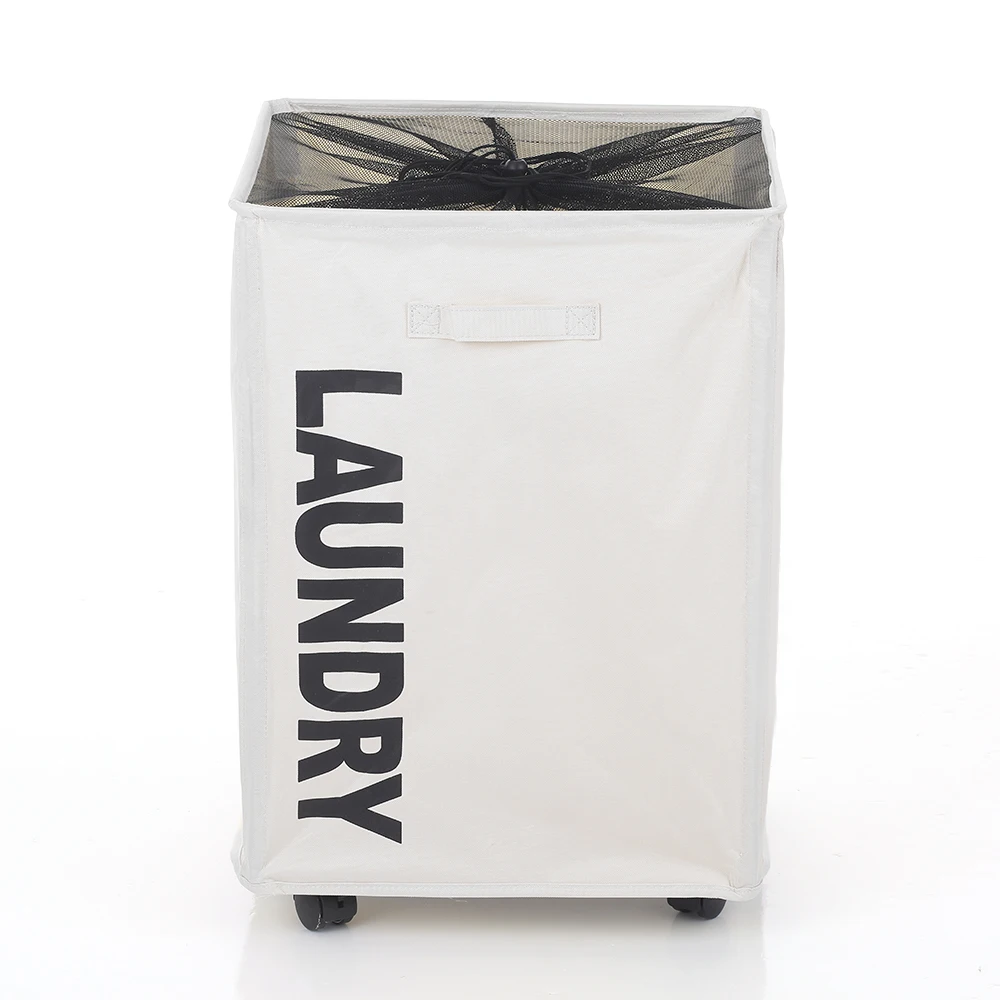 

Mesh Drawstring Dirty Clothes Hamper with Handles 4 Support Rods Universal Wheels Large Foldable Oxford Cloth Laundry Basket Bin