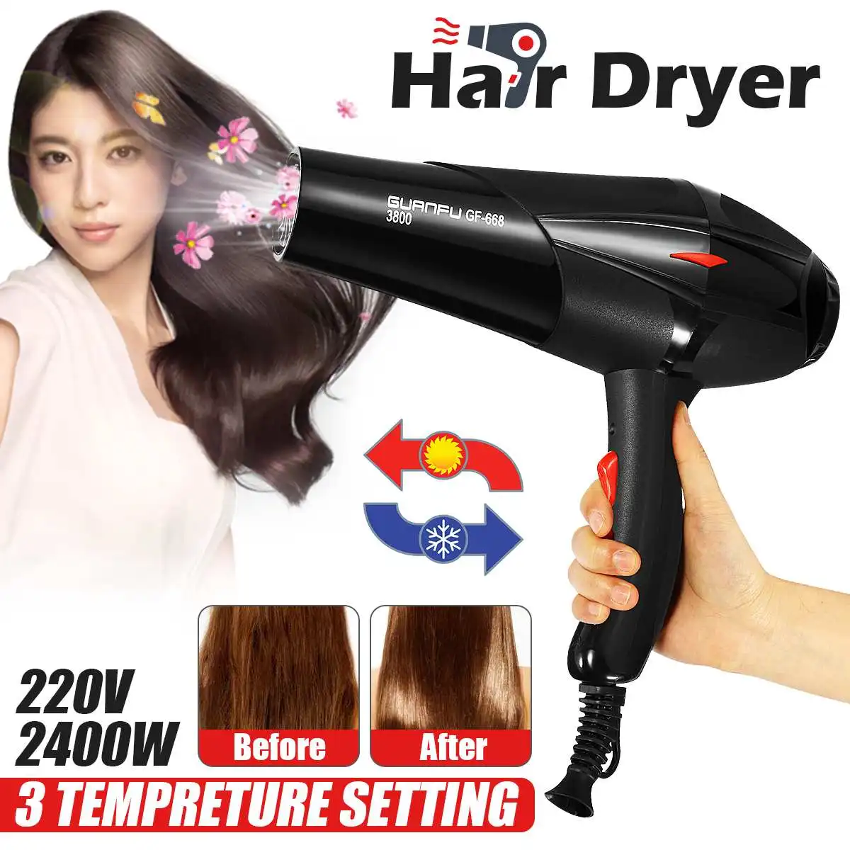 

Professional Electric Hair Dryer 2400W 220V US Plug Salon 3 Speed 2 Heat Hairdressing Blow with Detachable Nozzle Protection