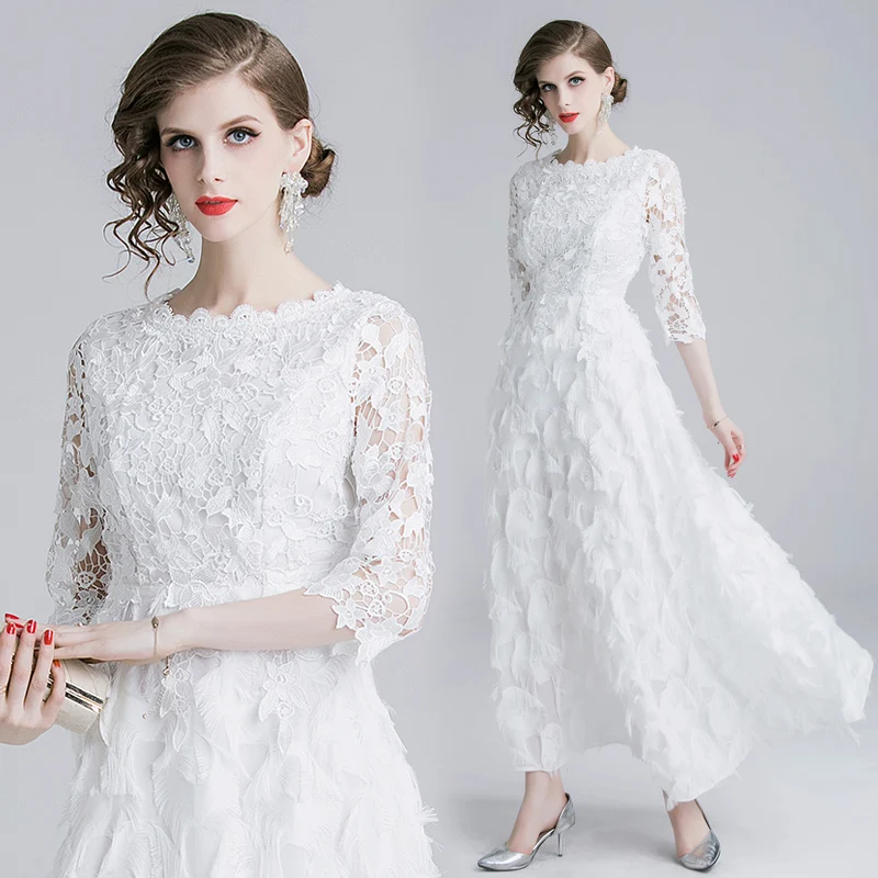 

2019 tassel Quality Luxury Runway White Lace Dress Women Summer Sexy hollow out Party Dress Vestidos maxi long beach