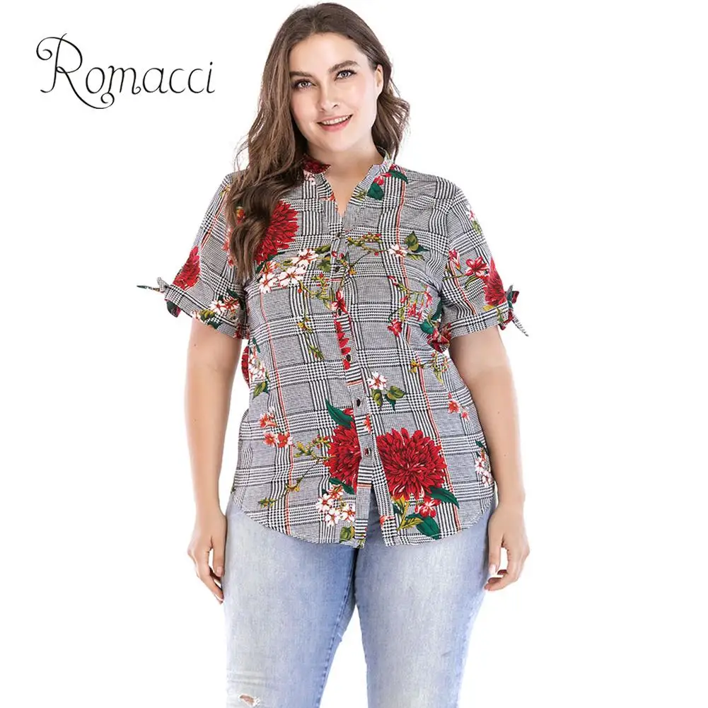 

Romacci Womens Tops and Blouses 5XL 6XL 7XL Plus Size Shirt Blouse Plaid Floral Print Short Sleeve V-Neck Elegant Summer Tops