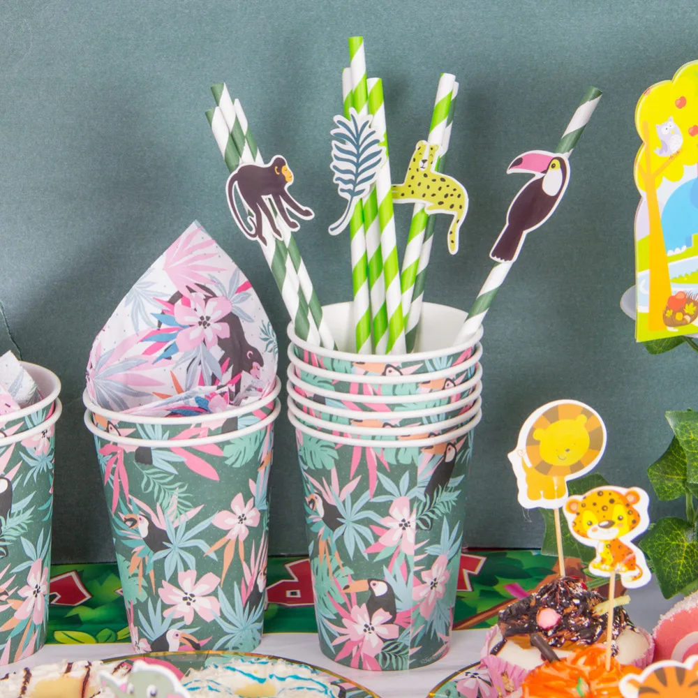 

Jungle Animal Party Decor Paper Cup Plate Straws Napkins Summer Luau Birthday Anniversary Jungle Adventure The Jungle Book Decor