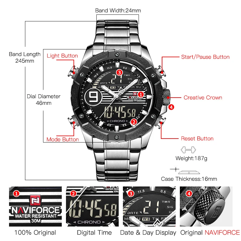 NAVIFORCE для мужчин часы Роскошные спортивные и фирменные светодиодный кварцевые