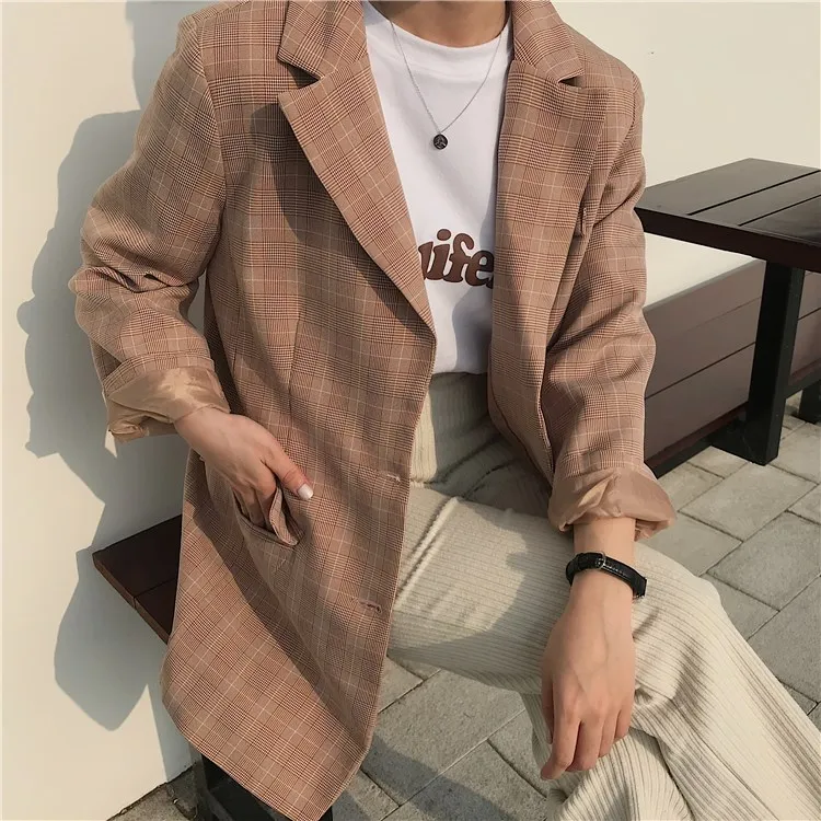 

2019 Spring Summer Vintage Notched Bouble Breasted Plaid Blazer Women Retro Pink Jackets Suits Coat