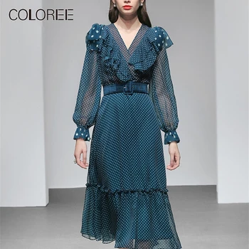 

Runway Designer Dress 2019 Summer Women Fashion Dress Elegant Polka Dot Print V-Neck Ruffles Long Sleeve Midi Dress